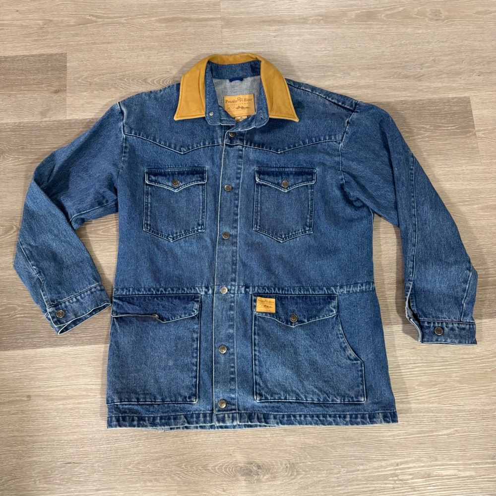 Powder River Outfitters Denim Jacket Mens Medium Blue Western Leather Trim Coat